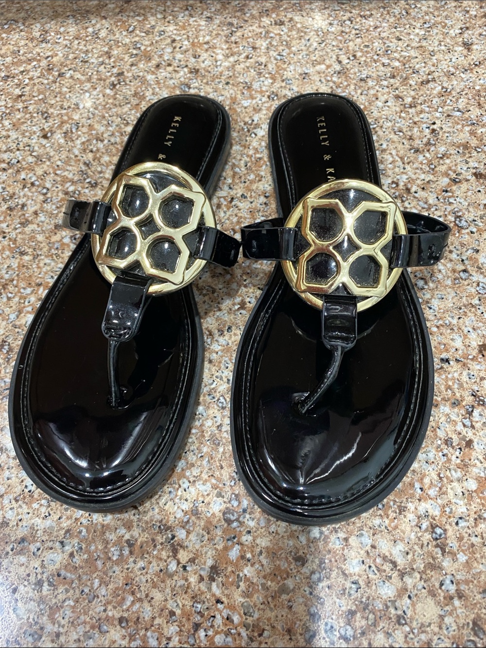 Kelly & Katie Black Patent Thong Sandals with Gold Accent
